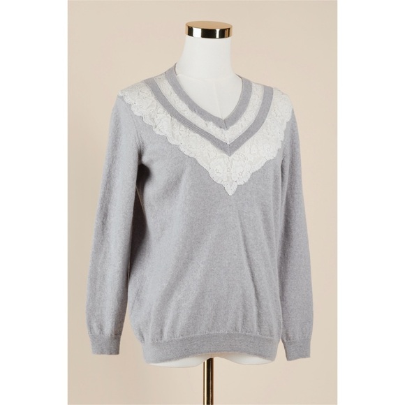 Sz S Rebecca Taylor Light Grey Merino Wool Pullover Sweater Lace Trim V Neck GUC - Picture 1 of 5